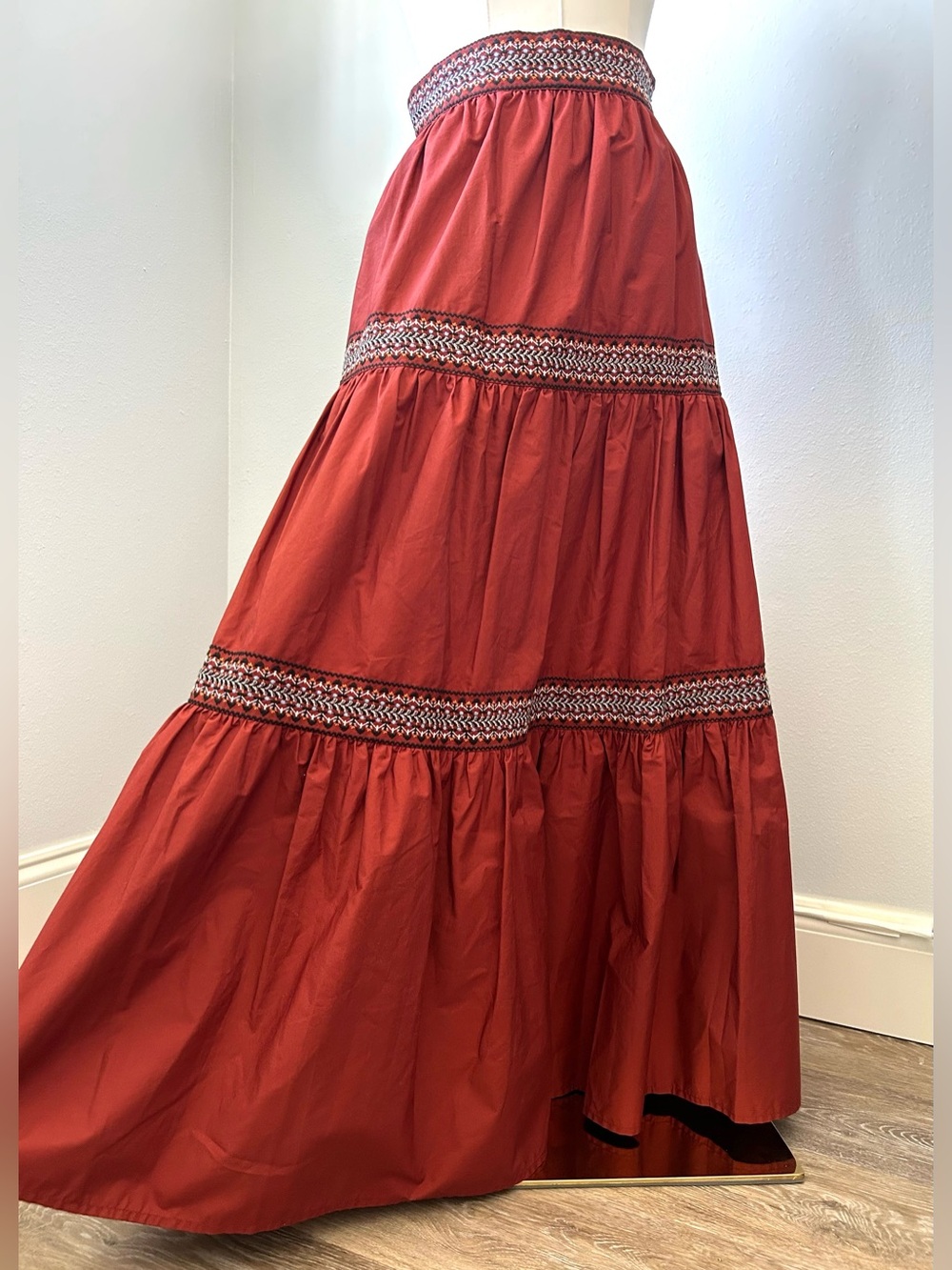 A Loves A Cinnamon Rust Bohemian Embroidered Tiered Ruffle Maxi Skirt Womens XS